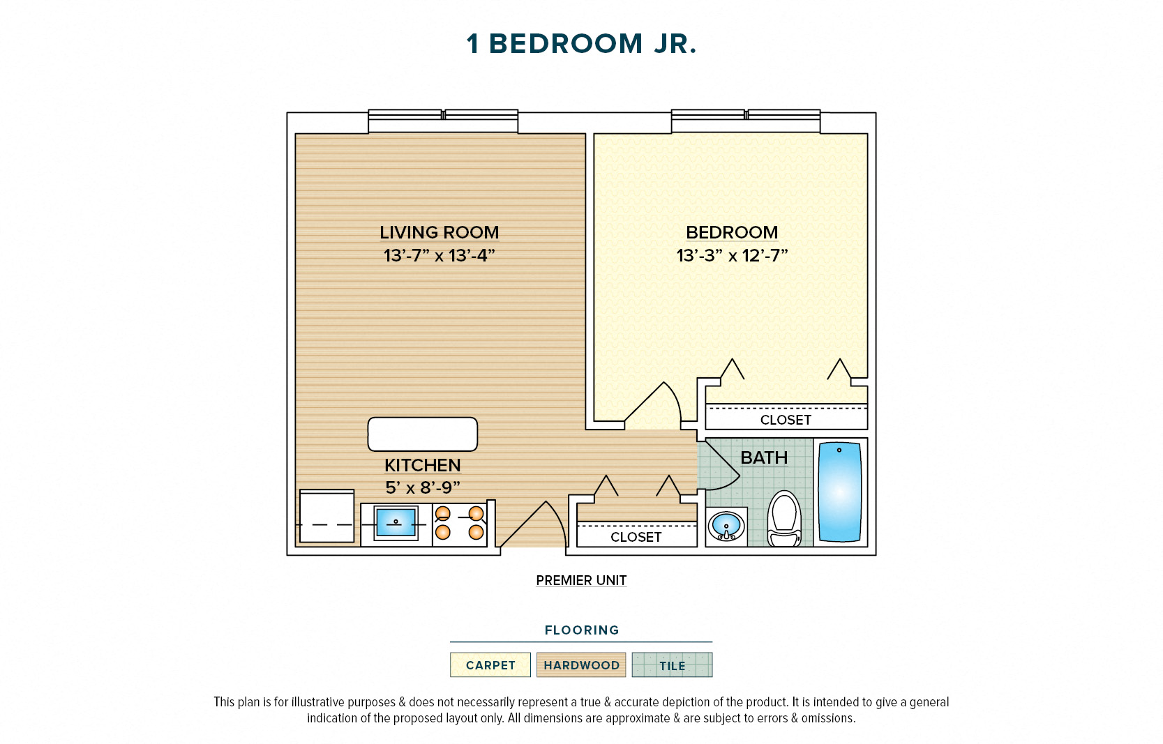 Floor plan for 1 bed, 1 bath, 545 sqft